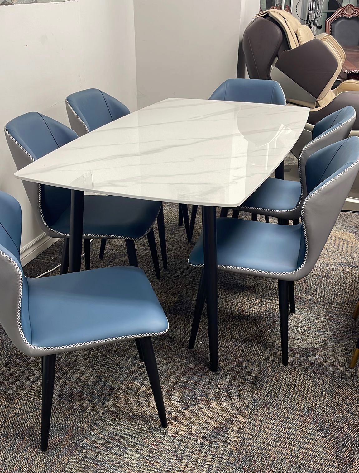 DT-19 Ceramic Dining Table Set (6 Seater with Blue Chairs)