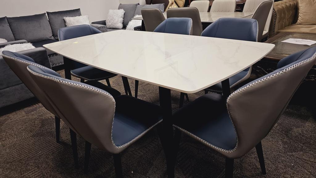 DT-19 Ceramic Dining Table Set (6 Seater with Blue Chairs)