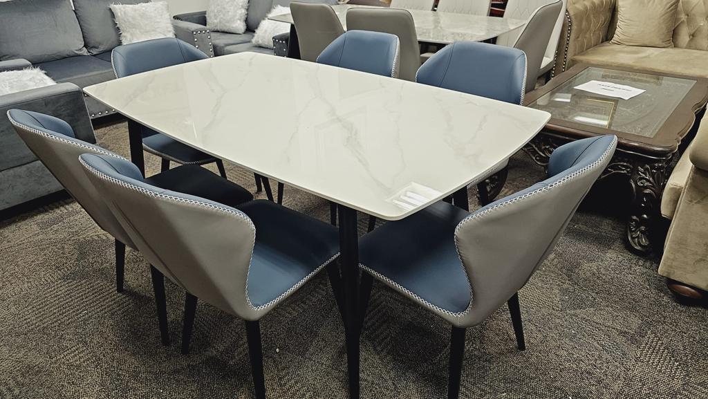 DT-19 Ceramic Dining Table Set (6 Seater with Blue Chairs)