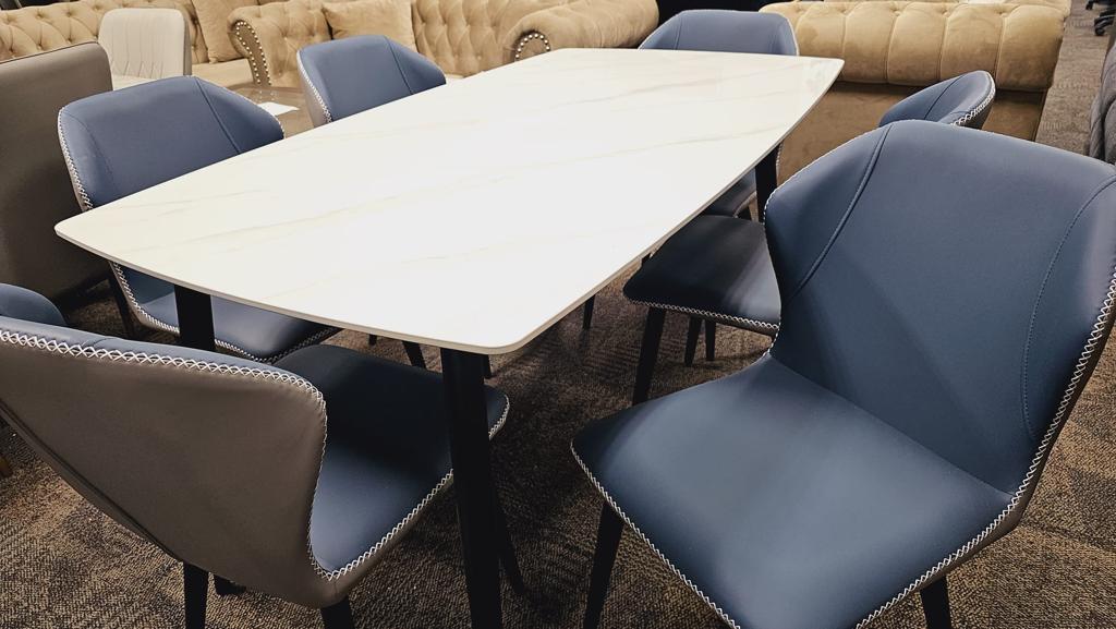 DT-19 Ceramic Dining Table Set (6 Seater with Blue Chairs)