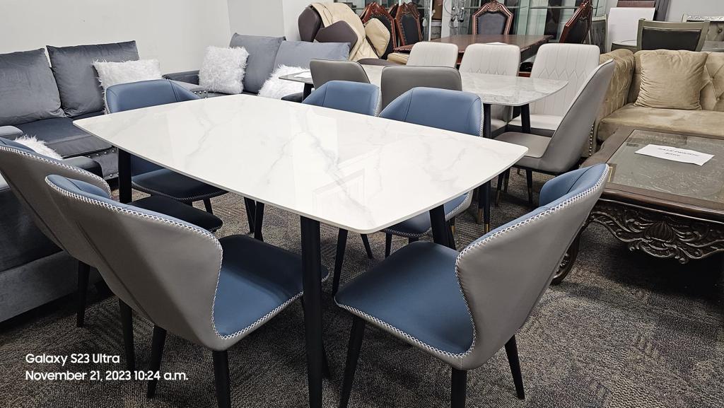 DT-19 Ceramic Dining Table Set (6 Seater with Blue Chairs)