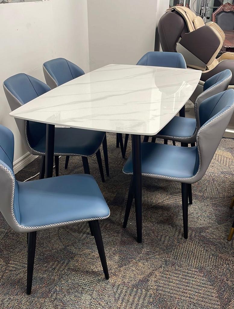 DT-19 Ceramic Dining Table Set (6 Seater with Blue Chairs)