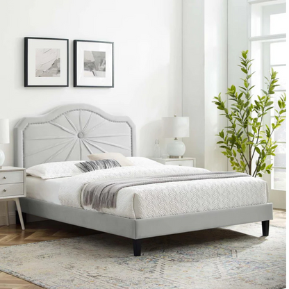 Queen- Velvet Grey Tufted Vicko Bed with Solid Wood Frame