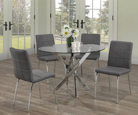 T1447 - Glass Dining Table Set (5 Piece Grey Chairs)