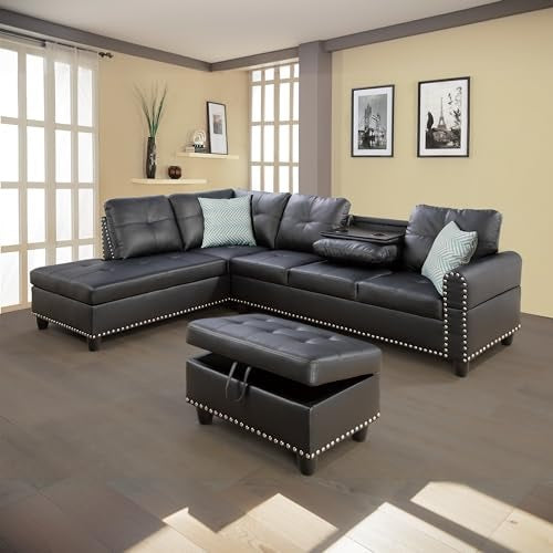 Lilly 6 Seater PU With Studs Sectional Couch with Ottoman