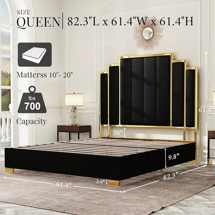 Queen Size - Large Headboard, Armani Gold Lining Velvet Bed, Black Only