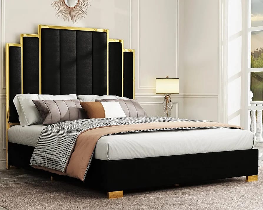 Queen Size - Large Headboard, Armani Gold Lining Velvet Bed, Black Only