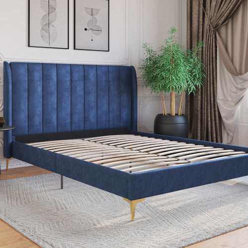 Herman Upholstered Bed Frame - Blue Velvet, No Box Spring Needed