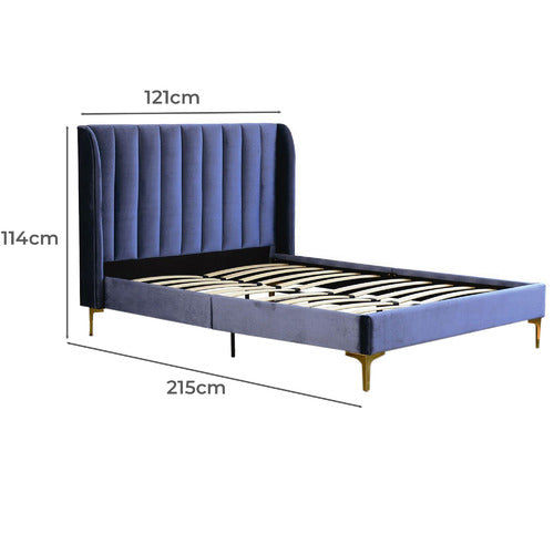 Herman Upholstered Bed Frame - Blue Velvet, No Box Spring Needed