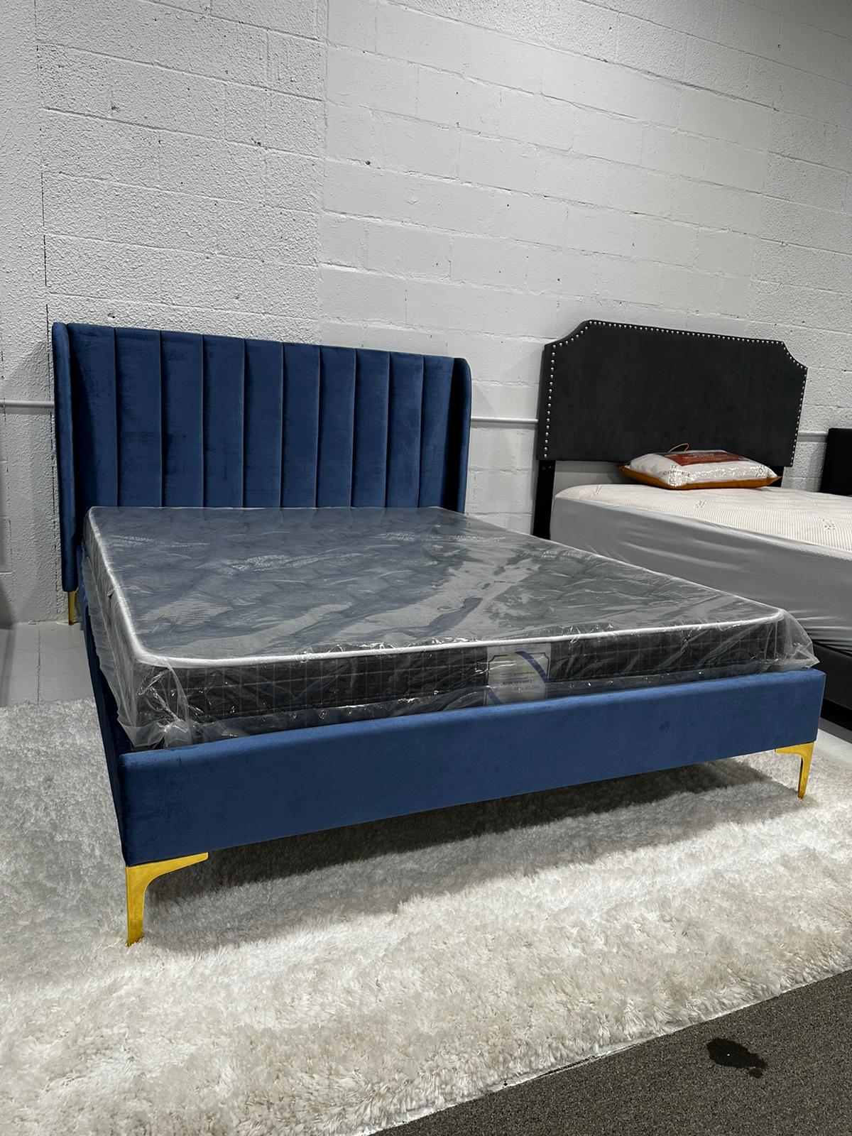 Herman Upholstered Bed Frame - Blue Velvet, No Box Spring Needed