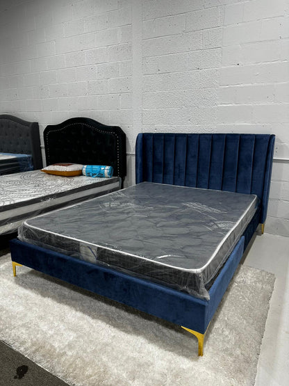 Herman Upholstered Bed Frame - Blue Velvet, No Box Spring Needed